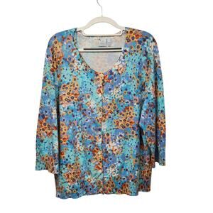 J.Jill Delight in the Details Blue Orange Floral Knit Sweater Cardigan Women XL